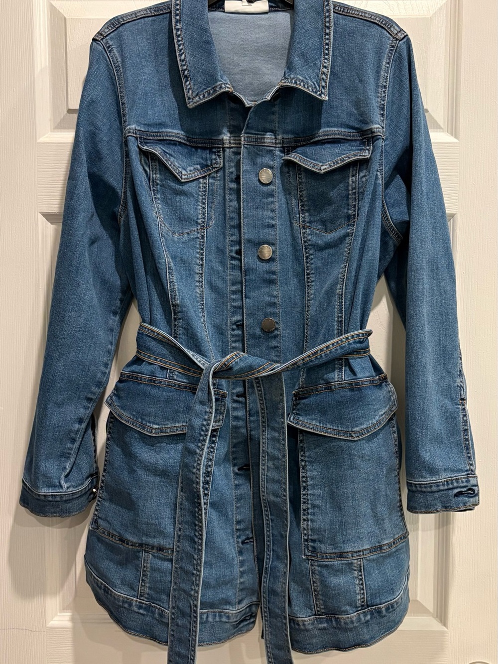 Lane Bryant Blue Denim Belted Jean Jacket women’s size 18 long jacket